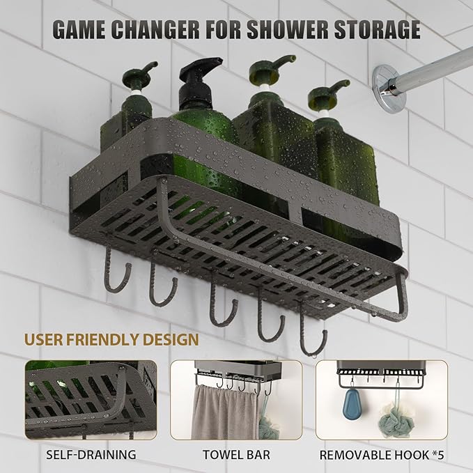 CIBOTIES Shower Caddy, 11.8 inch Stainless Steel Shower Shelves for Inside Shower with Hooks & Towel Bar - Space-Saving Bathroom Organizers and Storage for Showers, Kitchens