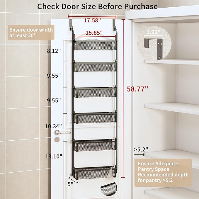 Over the Door Pantry Organizer, 6-Tier Pantry Door Organization and Storage, Over the Door Spice Rack, Home & Kitchen Storage Shelves for Cabinet, Black