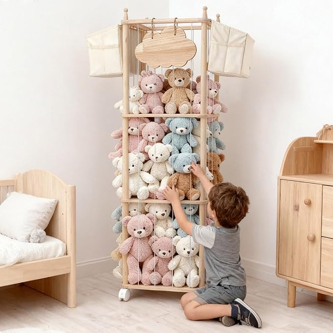 Stuffed Animal Storage & Organizer, with 2-Piece Large Detachable Toy Storage Bags, Wooden Tall Zoo Toys Storage with Wheels for Kids Playroom Kidroom Bedroom, Easy Assemble, 53 Inch