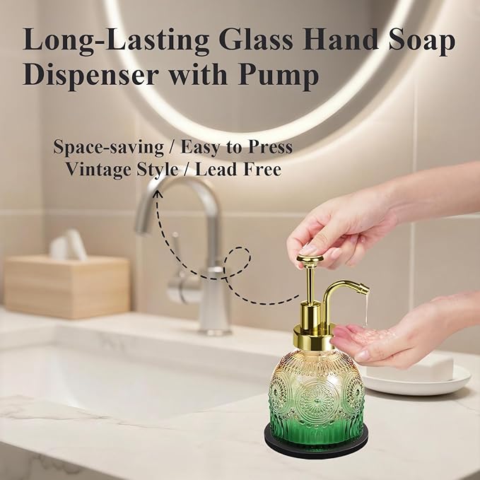 Amolliar 8 Oz Vintage Glass Bathroom Soap Dispensers with Pump, Refillable Kitchen Dish Soap Dispenser with Stripe, Antique Rustic Hand Soap Liquid Bottle (Green Gradient-Golden Pump)