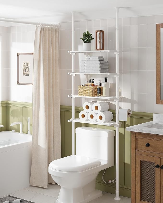 ALLZONE Adjustable Over The Toilet Storage Shelf, 4-Tier Ample Over Toilet Bathroom Organizer and Storage,Tension Mounted Above Toilet Storage Cabinet for Versatility, Fits 64-113 Inch Heights, White
