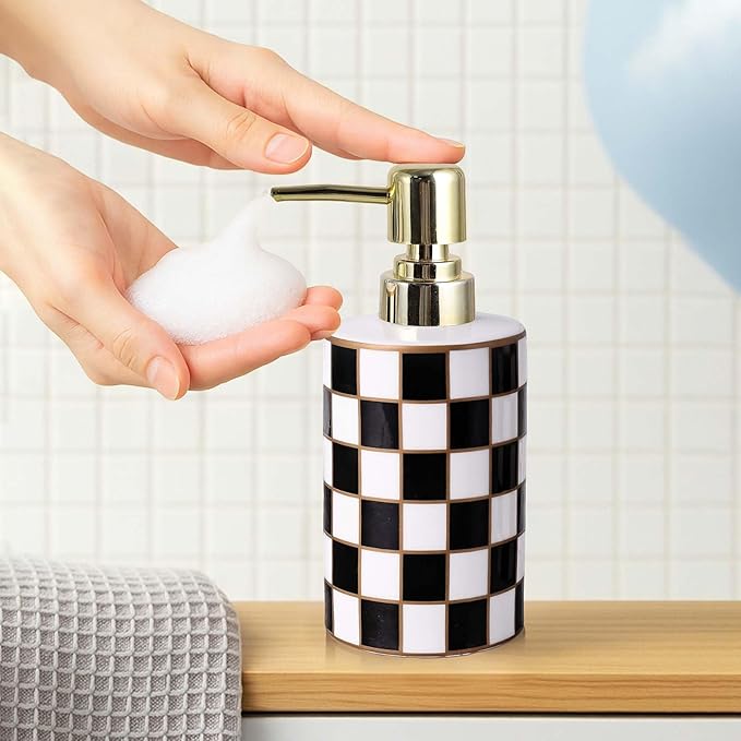Bathroom Toothbrush Holder Set, Ceramic Checkered Soap Dispenser and Tooth Brush Holder Set, Modern Bathroom Accessories Sets Countertop, Black and White Checkered Bathroom Decor Set (Black)