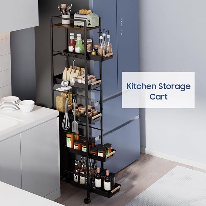 6 Tier Slim Storage Cart with Pull-Out Baskets Rolling Cart with Wheels Wood Top Narrow Utility Cart Metal Shelving Units for Pantry Laundry Room Bathroom Kitchen Black 8in(W)