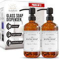 2 Pack Amber Glass Soap Dispenser 16 OZ with Matte Black Stainless Steel Pump, Hand and Dish Soap Dispenser Set for Bathroom and Kitchen Sink with 6 Waterproof Labels