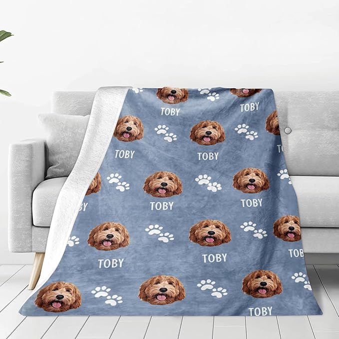 Custom Blanket with Dogs Pictures & Name Personalized Funny Dog Face Throw Blankets Soft Warm Plush Fleece Customized Blanket for Couch Bed Sofa Gifts for Dog Dad Mom Birthday Christmas