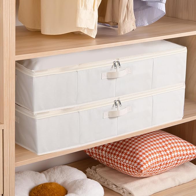 Under Bed Storage Containers, Storage Bins With Lids, Clothes Organizers for Blanket, Pillows, Shoes, Beige, 2 Pack, 23.6 x 11.8 x 5.9 Inch