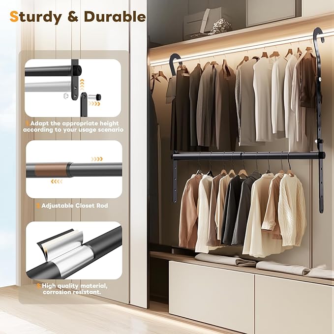Mavivegue Adjustable Closet Rods for Hanging Clothes, Heavy Duty Closet Hanging Rod, Double Hanging Closet Rod, Space-Saving Closet Extender Hanging Rod,1 Pack Black