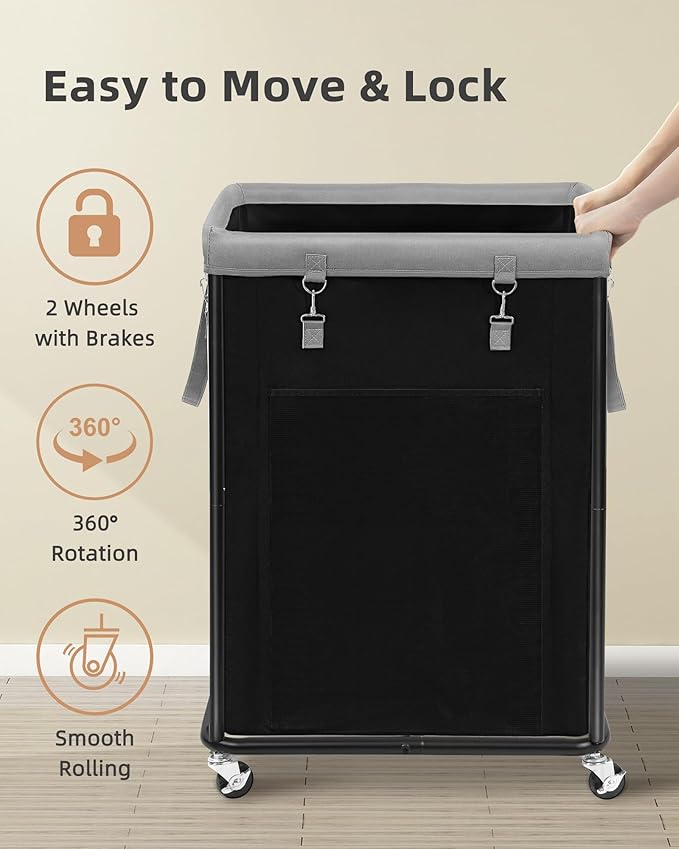 STORAGE MANIAC Large Laundry Basket with Wheels 160L Rolling Laundry Hamper Laundry Cart with Metal Frame and Removable Bag, Clothes Hamper for Bedroom, Bathroom, Dorm Room, Laundry Room, Black