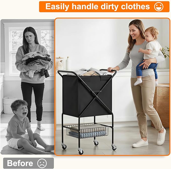 Laundry Basket with Wheels:88L Rolling Laundry Cart Foldable Metal Frame Dirty Clothes Laundry Hamper 36"H 4 Caster 2 Brake Waterproof Removable Liner Carry Handle for Dorm Laundry Room,Black