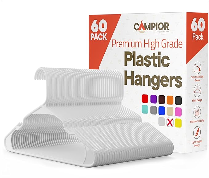 White Plastic Hangers 60 Pack– Heavy-Duty Plastic Hangers Slim and Space-Saving, Durable and Lightweight PP with Non-Slip Shoulder Notches for Slip Dresses, Suits, Jackets & Camisoles