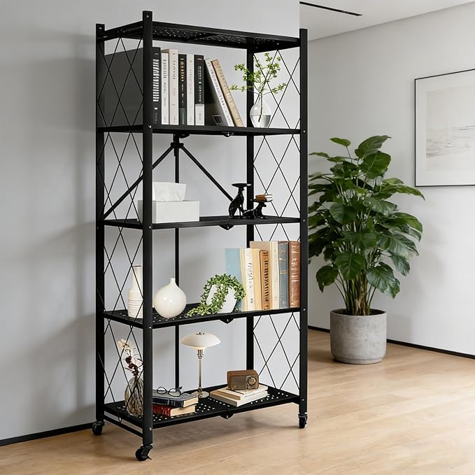 5-Tier Foldable Storage Shelf with Wheels, Heavy-Duty Metal Collapsible Shelving Unit, Rolling Storage Rack for Kitchen Pantry Garage Office, Pre-Assembled Organizer