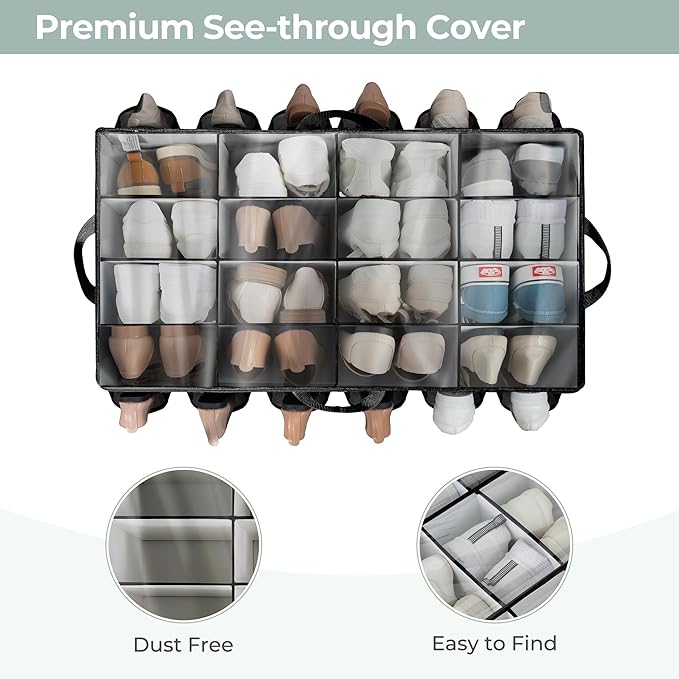 Extra Large Fabric Shoe Organizer for Closet, Fits up to 28 Pairs, Foldable Shoe Storage Bin Containers with Adjustable Dividers and Clear Cover, Black, 2 Pack