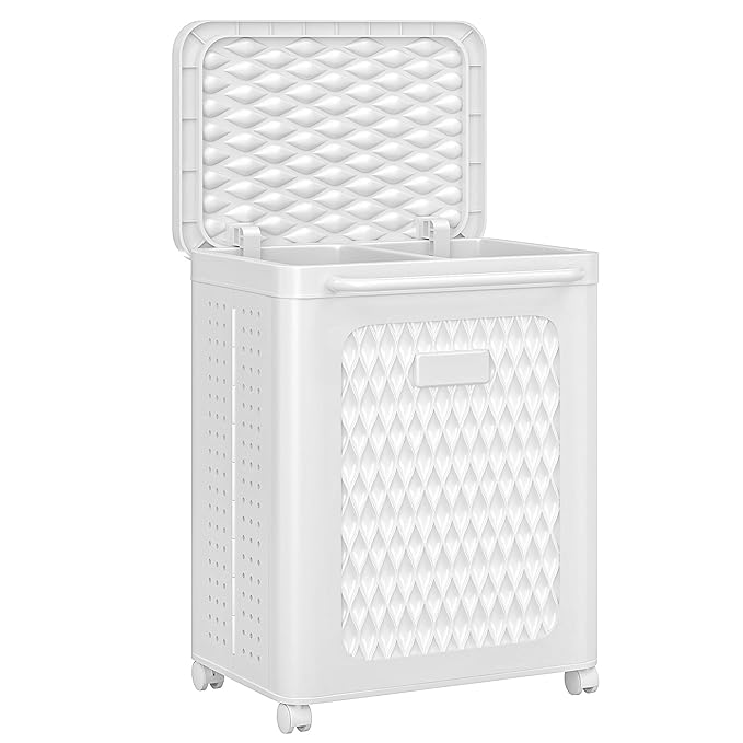VECELO Rolling Laundry Hamper with Wheels and Lid, Foldable Plastic Laundry Basket with Handle, Rolling Divided Laundry Cart for Small Spaces, Laundry, Bathroom, Bedroom, White