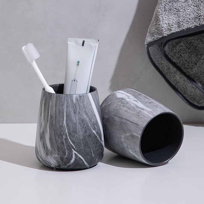 Marble Grey Toothbrush Holder for Bathroom - Ceramic Tooth Brushing Holders, Toothbrush Cup, Toothpaste Organizer for Bathroom Countertop, Makeup Brush Holder, Pen Holder for Home Desktop Storage