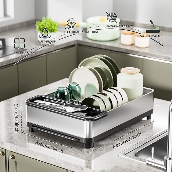 Dish Drying Rack, 304 Stainless Steel Dish Racks for Kitchen Counter, Dish Drainers with Automatic Drainage, Utensil Holder & Cups Holder, Space Saving Kitchen Organizer (1-Tier Silver)