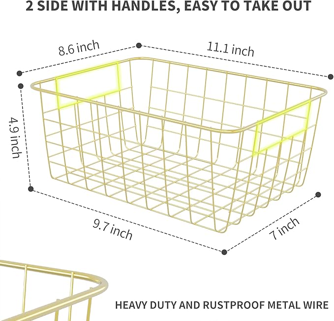 Gold Wire Baskets for Organizing, Metal Storage Baskets with Handles, Sturdiness Small Wire Storage Basket Organizer Bins for Pantry Kitchen Bathroom, 4 Pack