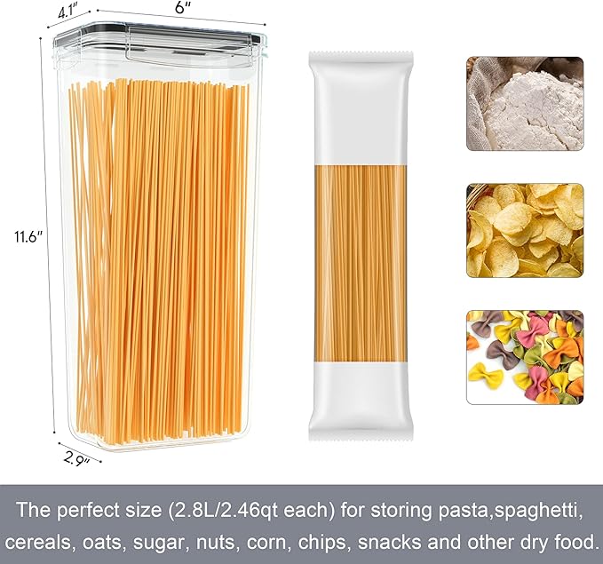 Pasta Containers, 4 Pk 2.8L Airtight Food Storage Containers, Spaghetti Containers for Pantry Organization and Storage, Kitchen Storage Containers for Noodles, Plastic Canisters with Durable Lids