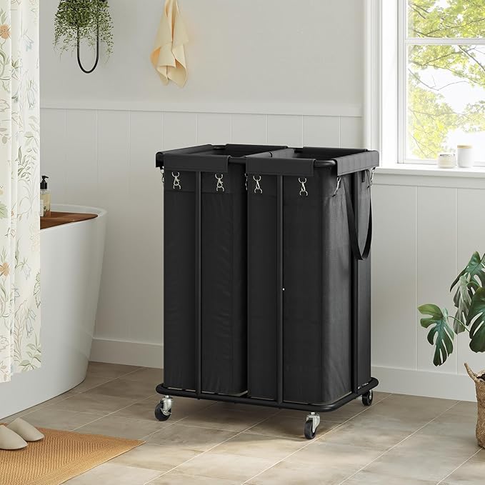 WOWLIVE Double Laundry Hamper with Wheels 170L Rolling Laundry Basket Organizer Laundry Cart with Steel Frame and Removable Bags Large Dirty Clothes Hamper Dorm Room Storage for Bedroom (Black)