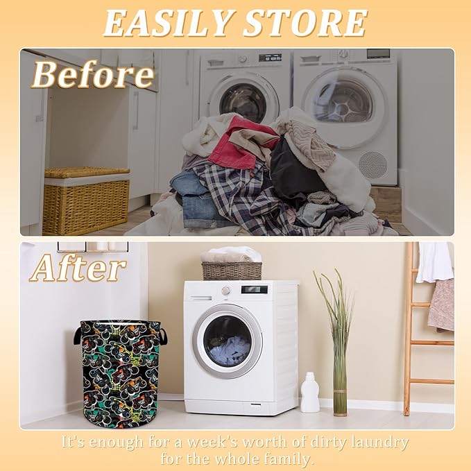Car Lover Laundry Hamper, Monster Truck Cars Laundry Basket for Kids, Oxford Waterproof Foldable Clothes Storage Bin, Toy Organizer Basket for Bathroom/Household/College Dorms 15.7"x19.6"