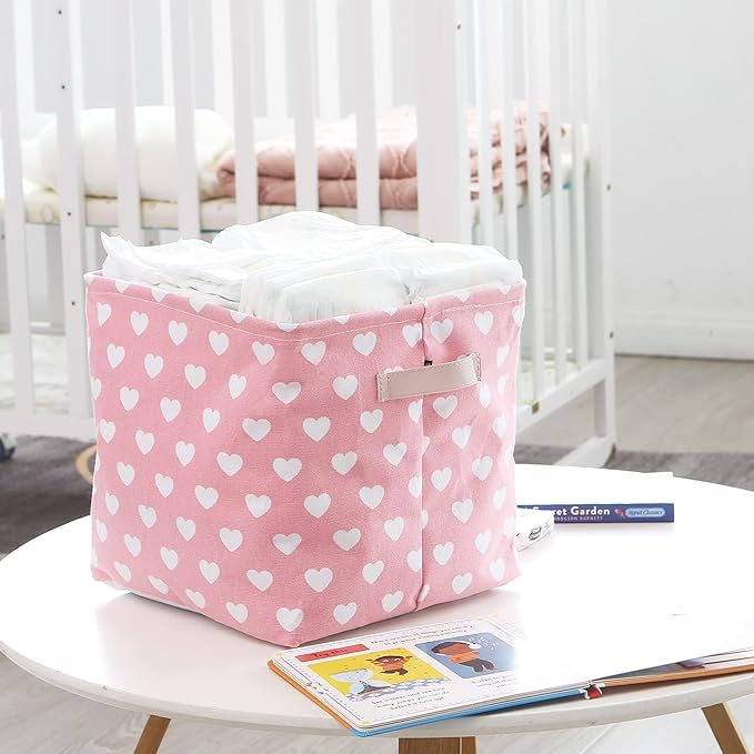 Hinwo 3-Pack Cubic Organizer Shelf Bins, Canvas Fabric Storage Baskets with Handles, 22L/5.8-Gal Square Storage Bins, Cubes, Collapsible Storage Box, 11 x 11 x 11 Inches (S, Pink Heart)