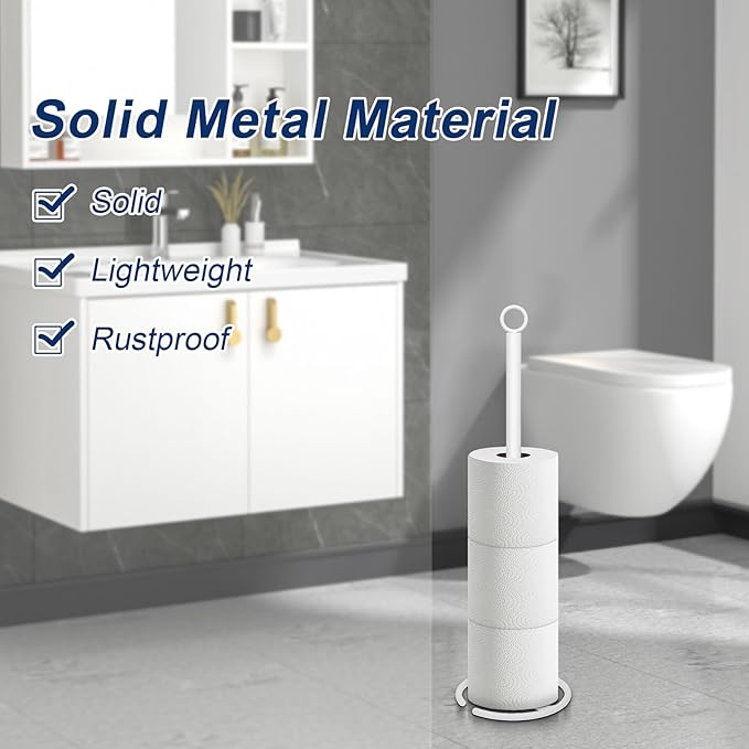 NearMoon Bath Toilet Paper Holder Stand, Freestanding Tissue Paper Storage with Reserve, Space Toilet 4 Rolls Holder for Bathroom/Kitchen Countertop-All Metal (1 Pack, White)