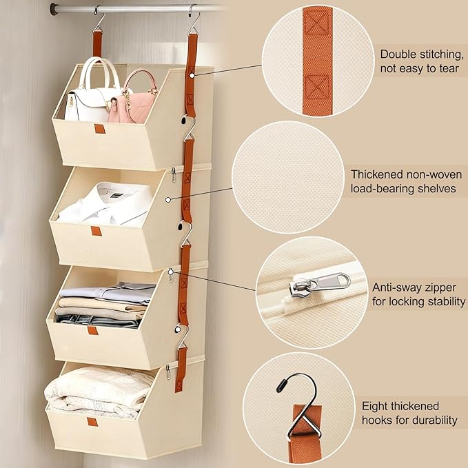4 Tier Hanging Closet Organizer with Socks Storage Mesh Bag - Space Saving Storage Shelves for Closet, Wardrobe, Fabric Storage Bins for Dorm Rooms, Bedroom (Beige)