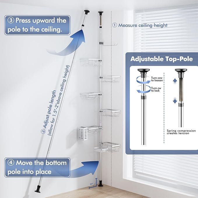 Shower Caddy Corner Tension Pole, Stainless Steel Rustproof 6 Shelves Bathroom Organizer with Towel Bar & Toothbrush Holder, Adjustable Shower Shelf for Renters - Family Stand Storage Rack
