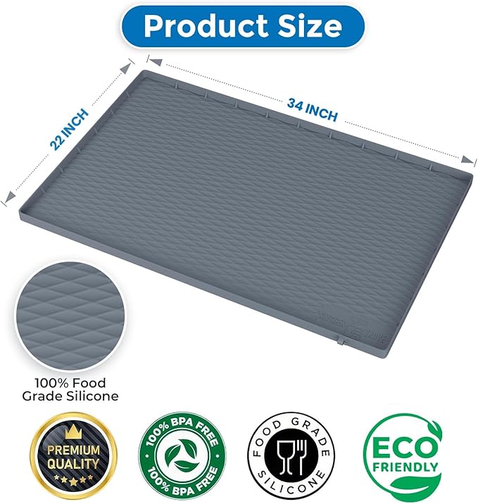 Heavy Duty Under Sink Mat for Kitchen Waterproof 34" x 22" Silicone Under Sink Tray with Raised Edges for Kitchen & Bathroom - Kitchen Cabinet Organizers and Storage Sink Drip Tray