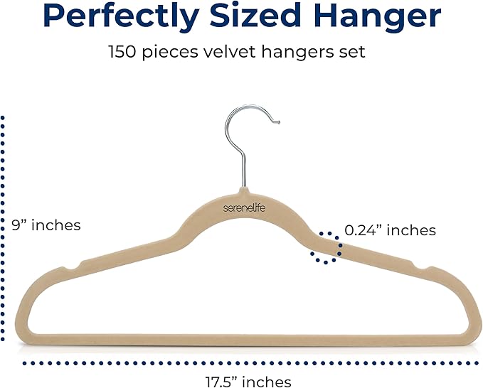 SereneLife 150 Pack Velvet Hangers - Non-Slip with 360° Swivel Hook - Ultra-Thin, Lightweight, Space-Saving, Felt Hangers for Shirts, Sweaters, Hoodies, Kids Clothes & Dresses