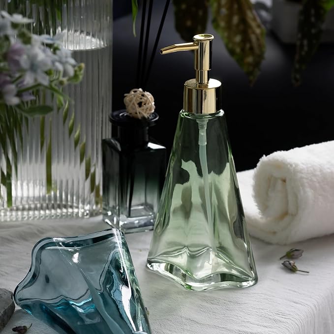 EMPO Vintage Elegant Glass Soap Dispenser, Liquid Soap/Sanitizer/Shampoo Bottle with Golden ABS Pump, Rustic Farmhouse Decor Hand Soap Dispenser Bathroom Accessories (Ripple Yellow-Green)