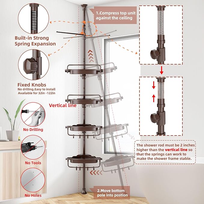 32-122inch Corner Shower Caddy Tension Pole Brown, Rustproof Drill-Free Shower Shelves for Bathroom Bathtub Washbasin, Adjustable Shower Organizer with 4 Tier Patent Stable Shelves & Towel Bars