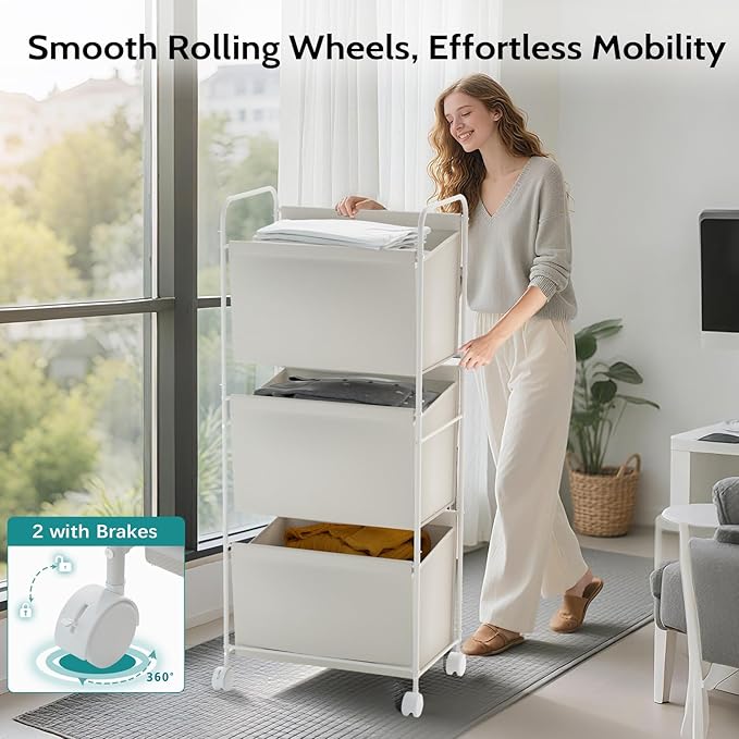 125L Vertical Laundry Hamper with Wheels, 3 Section Large Rolling Laundry Sorter with Detachable Inners, Metal Clothes Hamper Laundry Baskets Organizer for Bathroom, Bedroom, Dorm (Beige)