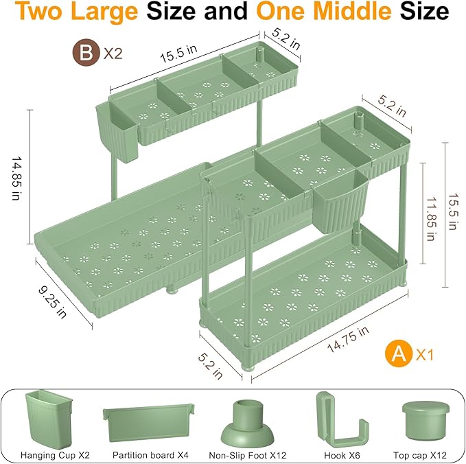 3 Pack Multi-Purpose Under Sink Organizers and Storage, 2026 L-Shaped Pull Out Cabinet Organizer for Bathroom & Kitchen, Under Cabinet Organizer with Hooks Hanging Cup, Green, 14.85 inch