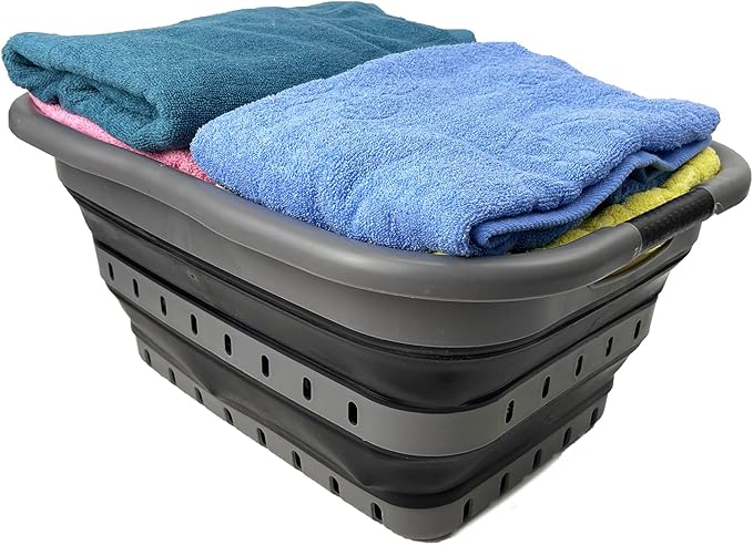 SAMMART Collapsible 3 Handled Plastic Laundry Basket - Foldable Pop Up Storage Container/Organizer - Portable Basket - Space Saving Hamper/Basket (Grey/Black, 3 handled rectangular)