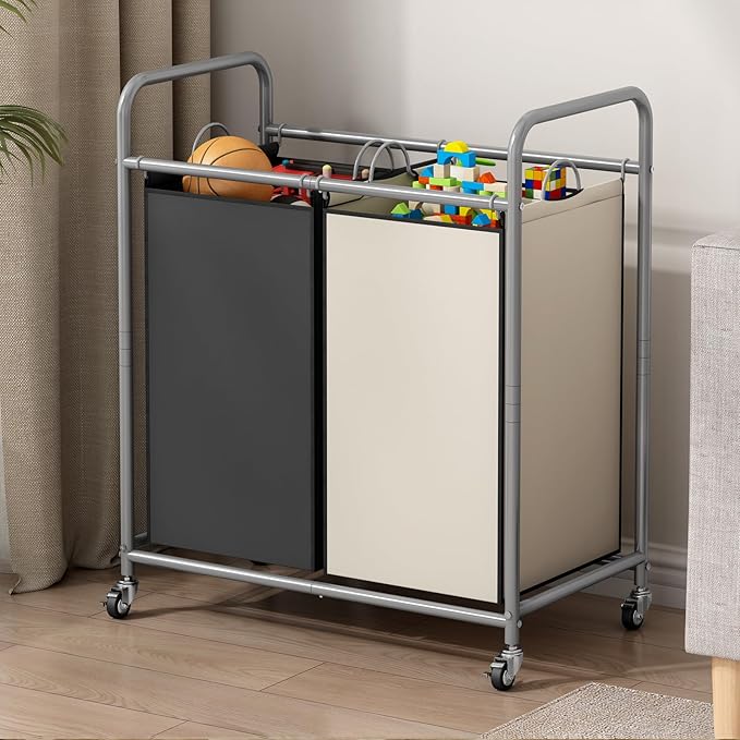 SUOERNUO Laundry Sorter Basket 2 Bag Laundry Hamper Cart with Rolling Lockable Wheels and Removable Bags Laundry Organizer Cart for Clothes Storage, Assorted