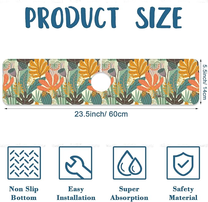 Abstract Leaves Sink Splash Guard Faucet Mat Boho Leaves Super Absorbent Fast Drying Mat Sink Gadgets-Splash Guard Behind Faucet Drip Catcher for Kitchen Bathroom, 23.5"x5.5"