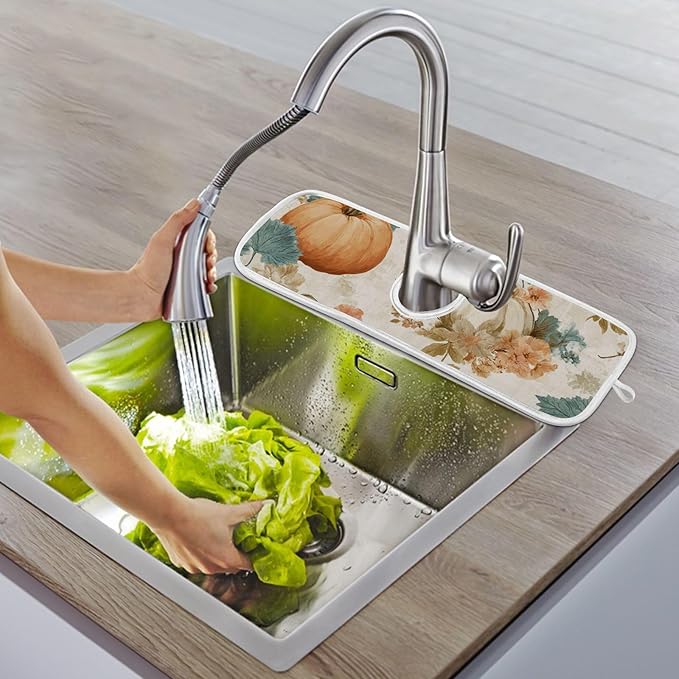 Sink Faucet Absorbing Mat Kitchen Sink Splash Guard Splash Faucet Drip Catcher for Bar RV Bathroom 2PCS 23.6x5.5in Orange Thanksgiving Vintage Pumpkin