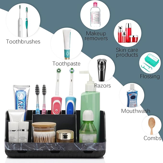 Marble Black Toothbrush Holders for Bathrooms - Detachable 7 Slots Bathroom Organizer Countertop Matte Black Electric Toothbrush and Toothpaste Holder for Bathroom Counter Vanity Sink Storage