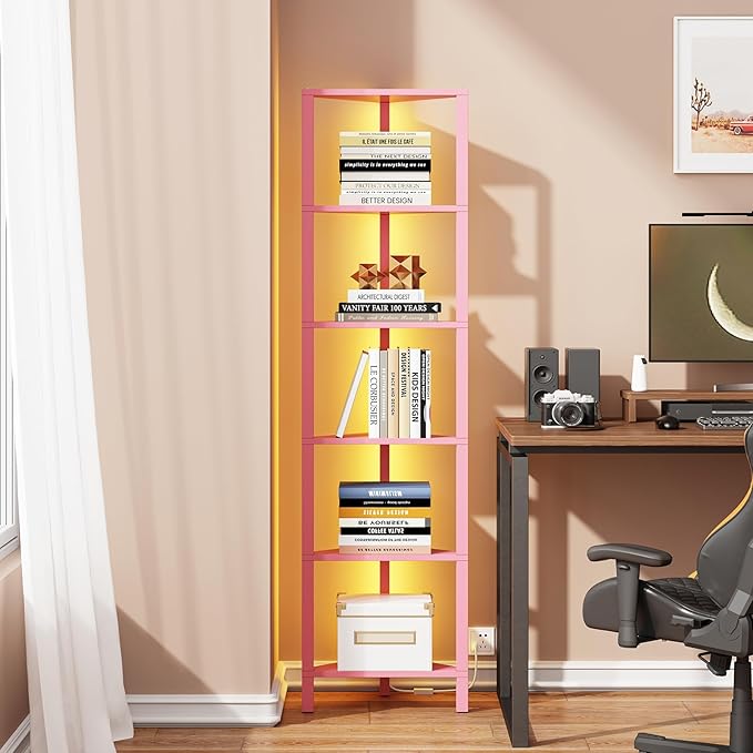 TUTOTAK Corner Shelf with LED Light, 6-Tier Corner Bookshelf for Small Space, Narrow Display Corner Shelf Stand with Storage Rack, for Living Room, Bedroom, Pink BS05BP006L