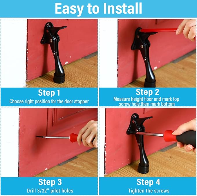 Moxweyeni 6 Pieces Heavy Duty Door Stops for Bottom of Door Metal Kickdown Doorstop with Adjustable Rubber Tips Spring Replacements Doorstop (Black)