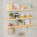 MBYD Natural Wood Shelf with Hooks, Floating Shelves for Wall Bathroom Shelves, Wall Mounted Nursery Bookshelf for Kids Room, Toy Storage Shelf for Bedroom Picture Ledge Shelves (Natural, 36 Inch)