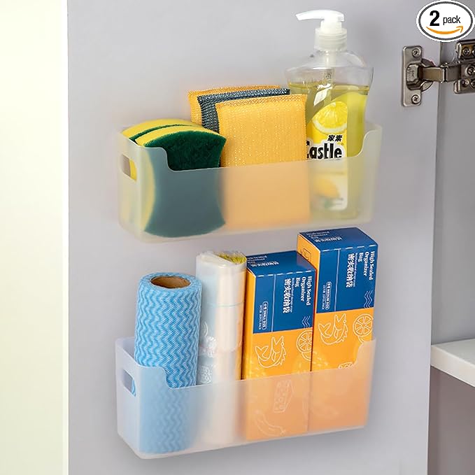 2 Pcs Kitchen Cabinet Door Organizer,Adhesive Mount Inside Cabinet Door Storage,Under Sink Door Storage Shelf for Kitchen,Bathroom,Office,Garage,Craft Room(Transparent)