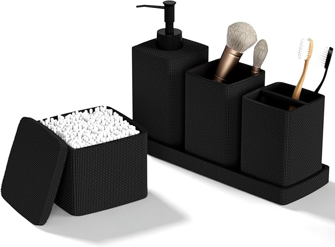 Matte Black Bathroom Accessories Set 5 Pieces, Resin Toothbrush Holders Set Complete with Soap Dispenser, Toothbrush Holder, Vanity Tray, Bathroom Tumbler and Qtip Holder for Small Spaces