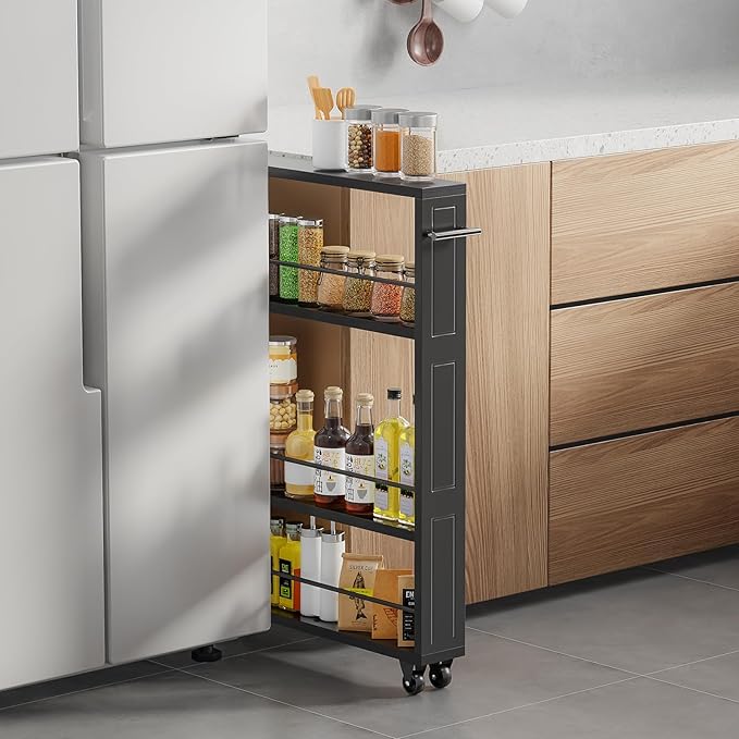 KLM Rolling Storage Cart 4-Tier Black Kitchen Cart with Wheels, Slim Storage Cart with Handle Slide Out Utility Cart Shelving Unit Organizer Trolley for Laundry Narrow Places Bathroom Small Corner