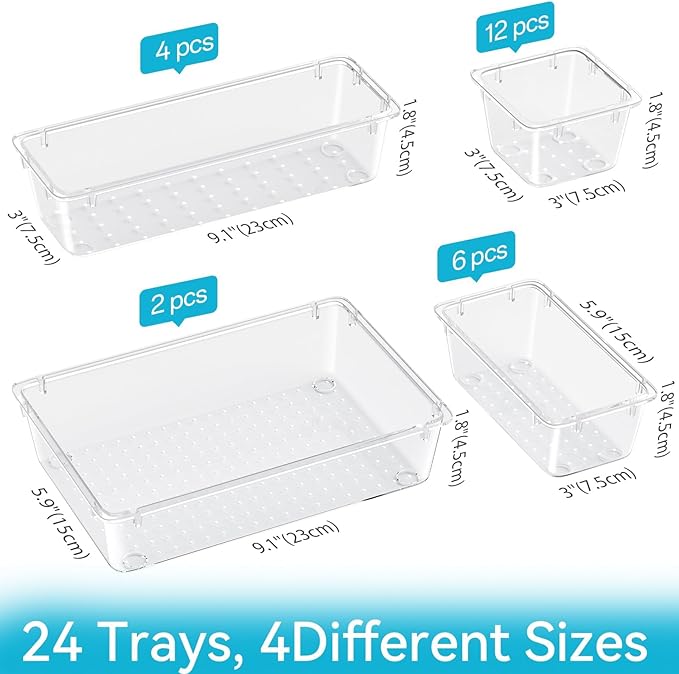 24 PCS Drawer Organizer Set, 4 Sizes Tool Storage Trays, Clear Plastic Makeup Vanity Organizer and Storage Bins for Makeup, Stationeries, Multiple Gadgets for Bathroom, Office, Bedroom