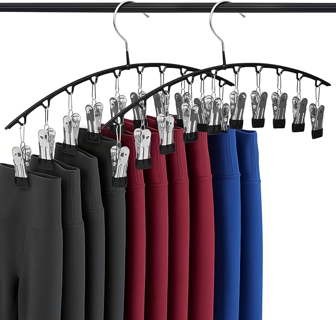 Leggings Organizer for Closet Hanging Space Saving Legging Hangers with Multiple Clips, Curved Hanger for Leggings, Yoga Pants & Shorts, Closet Organizer Hanger | 2 Pack Legging Hangers