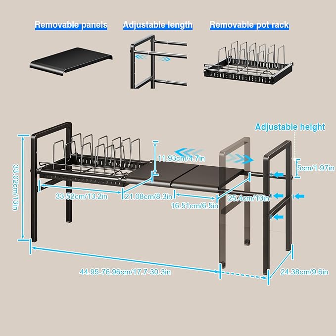 Pots and Pans Organizer Under Cabinet, Expandable 1 Tier Under Sink Organizers and Storage Adjustable Height Kitchen Pot and Pan Lid Holder Rack with 6 Dividers Under Cabinet Shelf(Black)