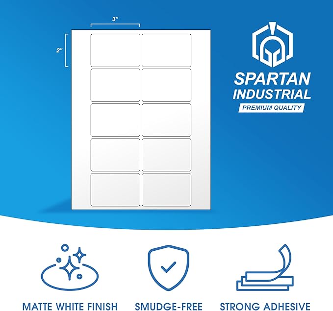 3" X 2" Matte White Printable Labels for Inkjet and Laser Printers - 100 Sheets, 1000 Custom Stickers for Address Labels, Product Labeling, Shipping - Spartan Industrial Template R011