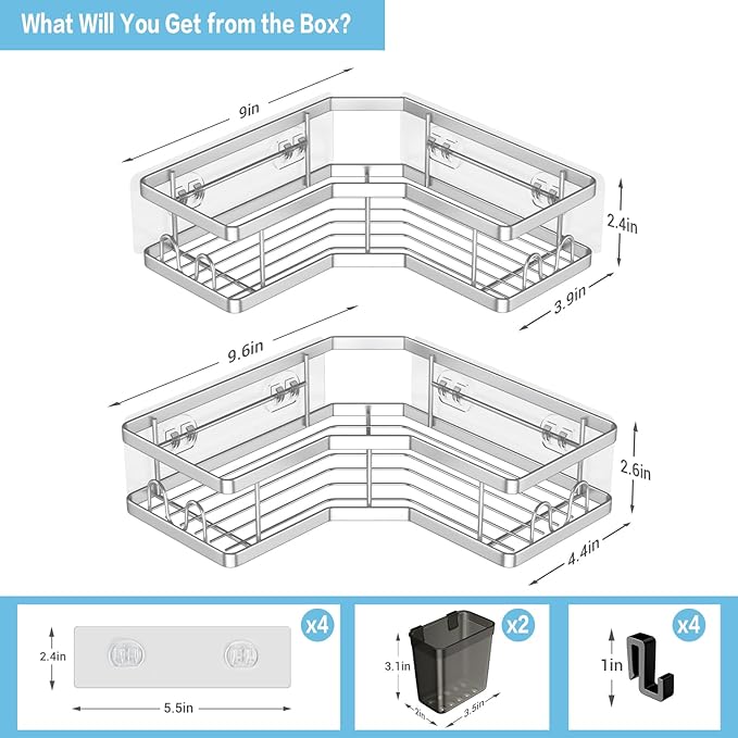 Corner Shower Caddy Shelf Rack: 2 Pack Adhesive Shower Organizer Essentials - No Drilling Stainless Steel Bathroom Storage Rack with Hooks and Toothpaste Holder