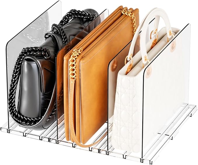 Yieach Clear Acrylic Shelf Dividers for Closet Organization,4 Pack Adjustable Bags,Clutch,Purse Organizer and Storage,Handbag Organizer for Closets,Purse Divider,8.8″ Tall Sweater,Tshirt,Towel Divider